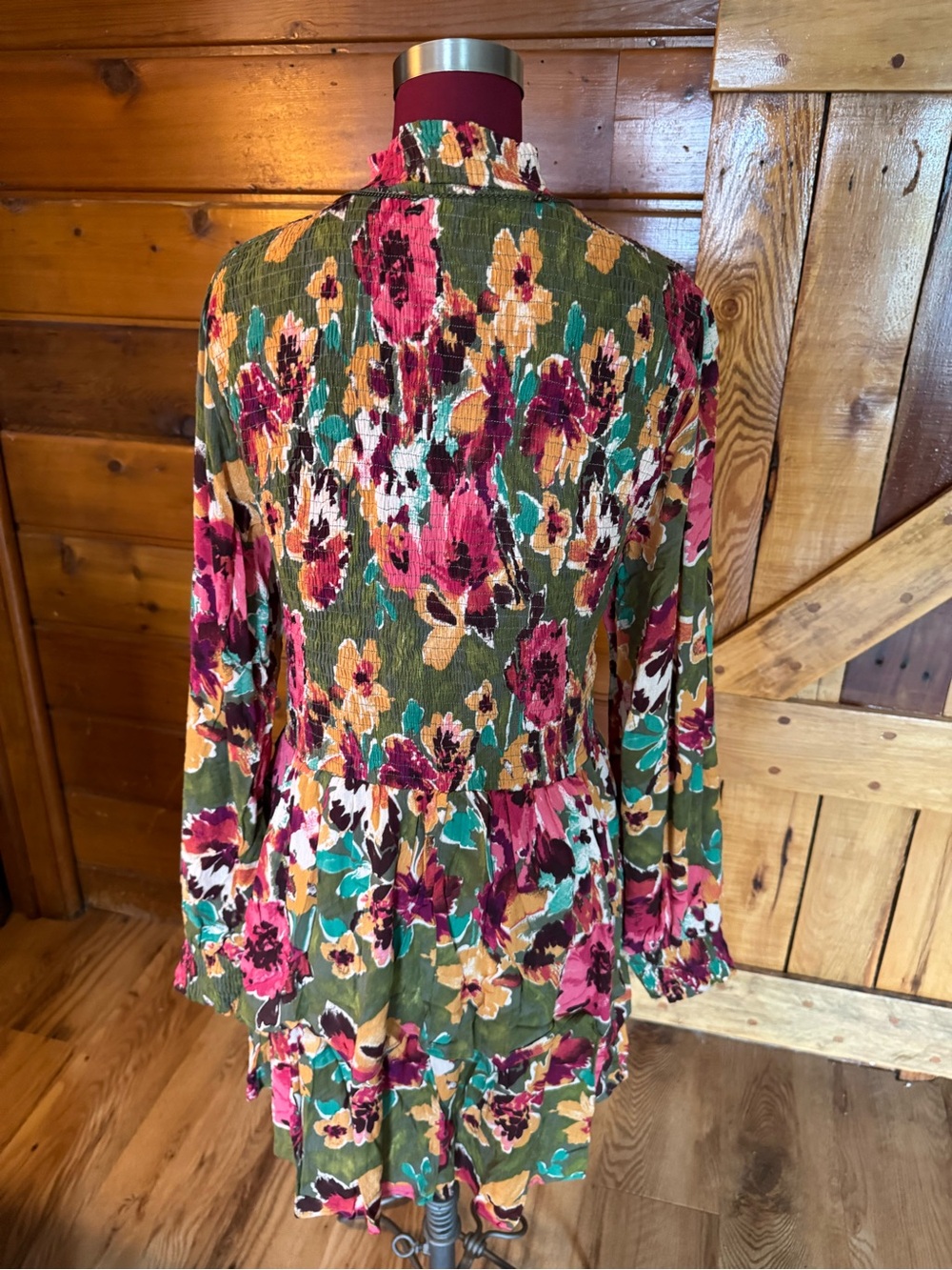 easel NWT Floral Tiered Long Sleeve Mock Neck Dress - Olive, Pink, Mustard - Picture 5 of 6